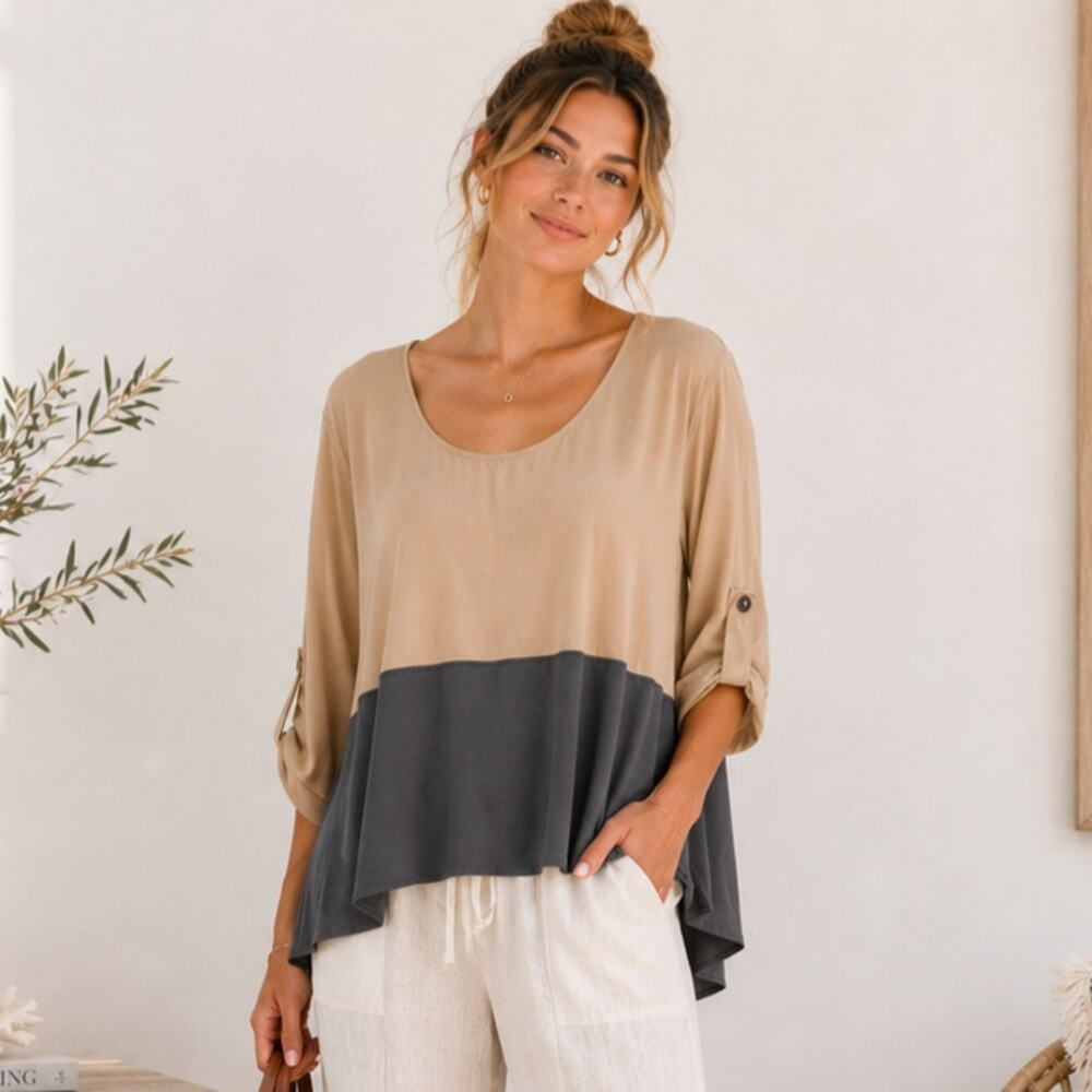 Woman Within Slinky Blouse Women's Size 1X Tan Gray Casual Chic Ofiice Boho